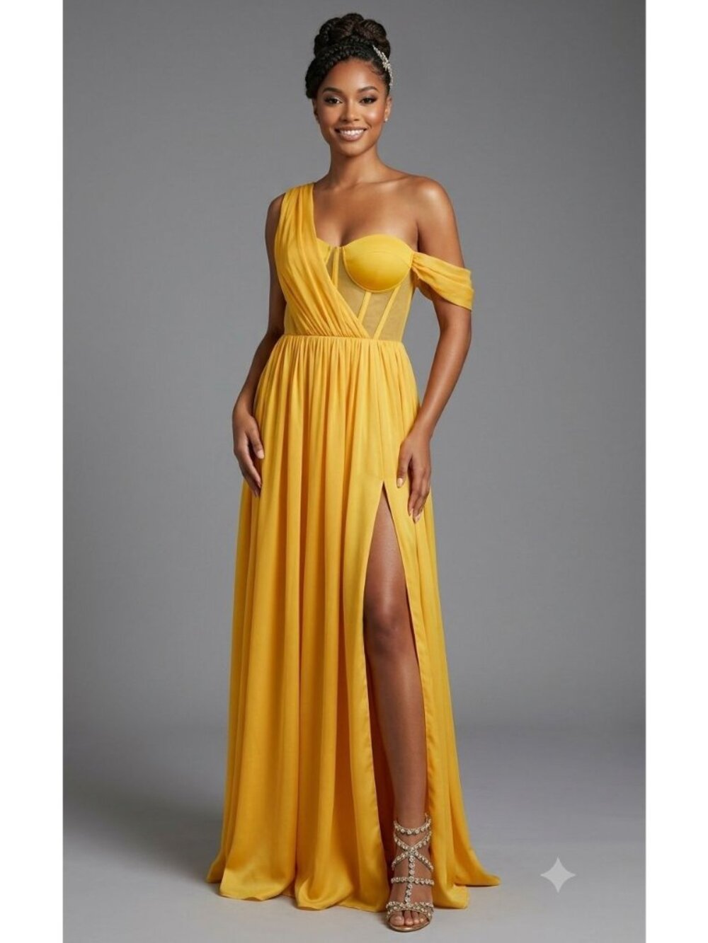 Miss Circle XXS Silk Pleated Corset Slit Maxi Dress Yellow Back In Style - Picture 5 of 15
